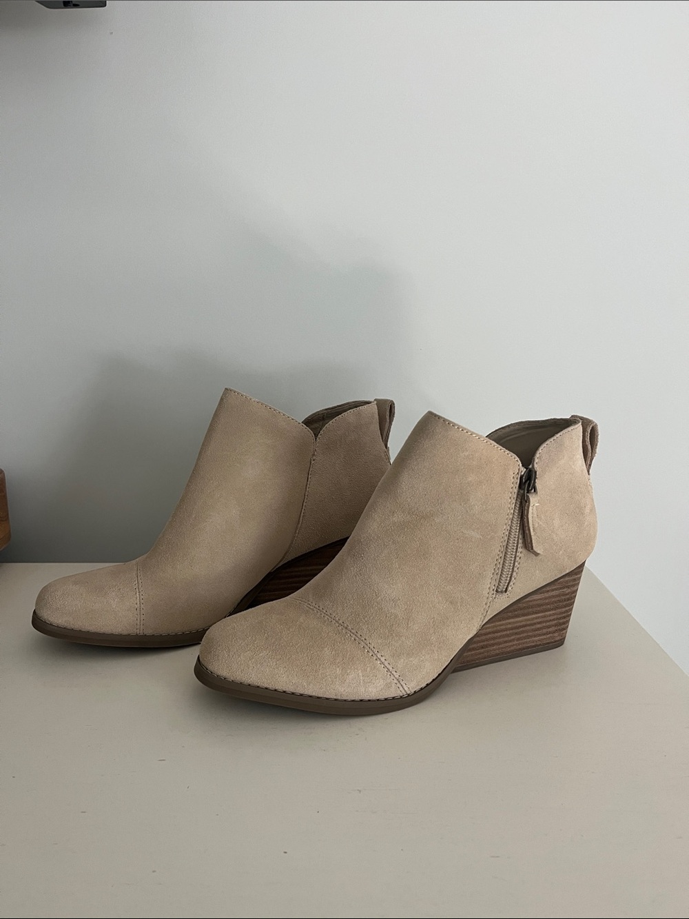 Toms Beige Suede Wedge Ankle Booties